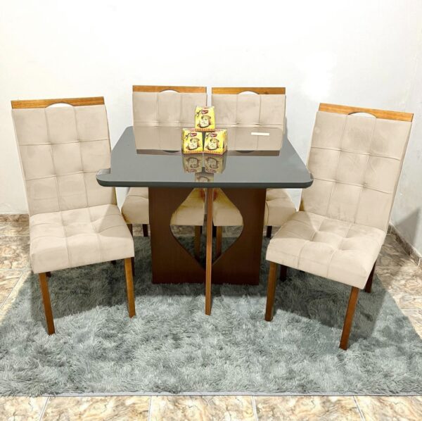 Mesa Madri 90x90 Cinamono/Preto com 4 Cadeiras Sophia/Capri Veludo Bege – MINASPLAC + WM DECOR