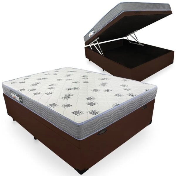 Colchão Casal Light D33 + Base Box Baú Corino Marrom - ORTOBOM + ALTO NÍVEL CAMAS E COLCHÕES