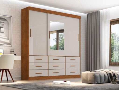 Guarda-Roupa New Star 3 portas de correr com espelho - Cinamomo/Off White