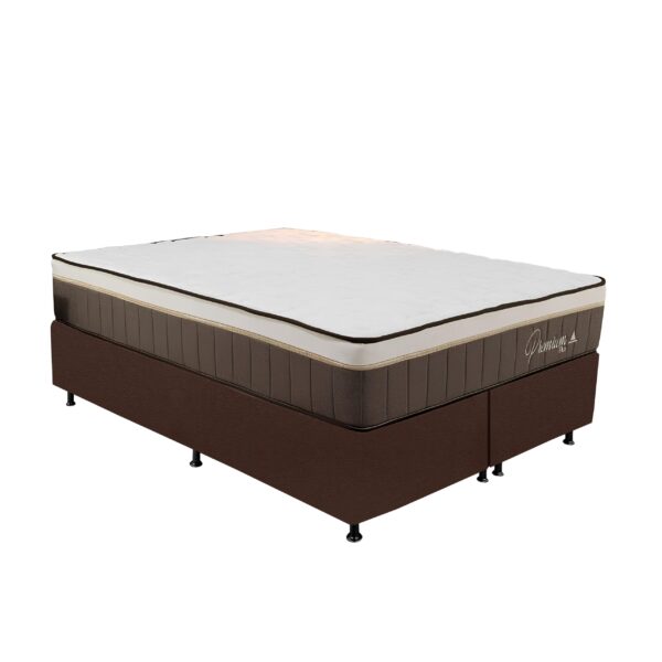 Colchão Queen Rondopremium Plus + Base Box Simples Corino Marrom – RONDOMÓVEIS + ALTO NÍVEL CAMAS E COLCHÕES