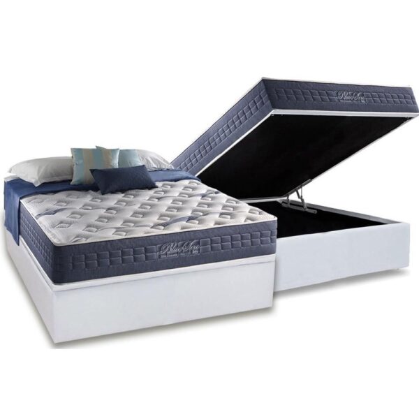 Colchão Casal Blue Sea D28 + Base Box Baú Corino Branco – ANJOS COLCHÕES + ALTO NÍVEL CAMAS E COLCHÕES