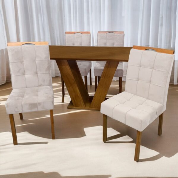 Mesa Classic 120 Cinamomo Laminado com 4 Cadeiras Sophia Mel/Veludo Bege – CEL MÓVEIS + WM DECOR